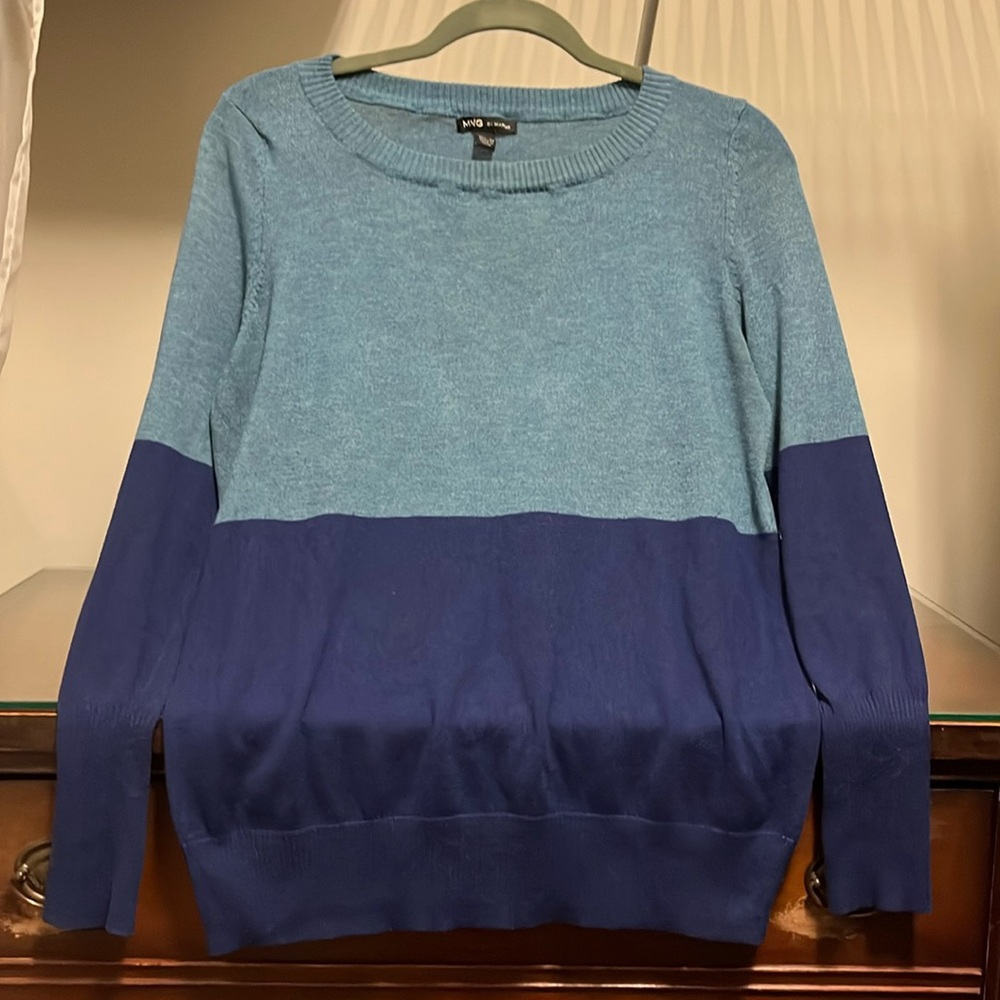 MNG By Mango Women's Large Teal and Navy Blue Long Sleeve Colorblock Sweater